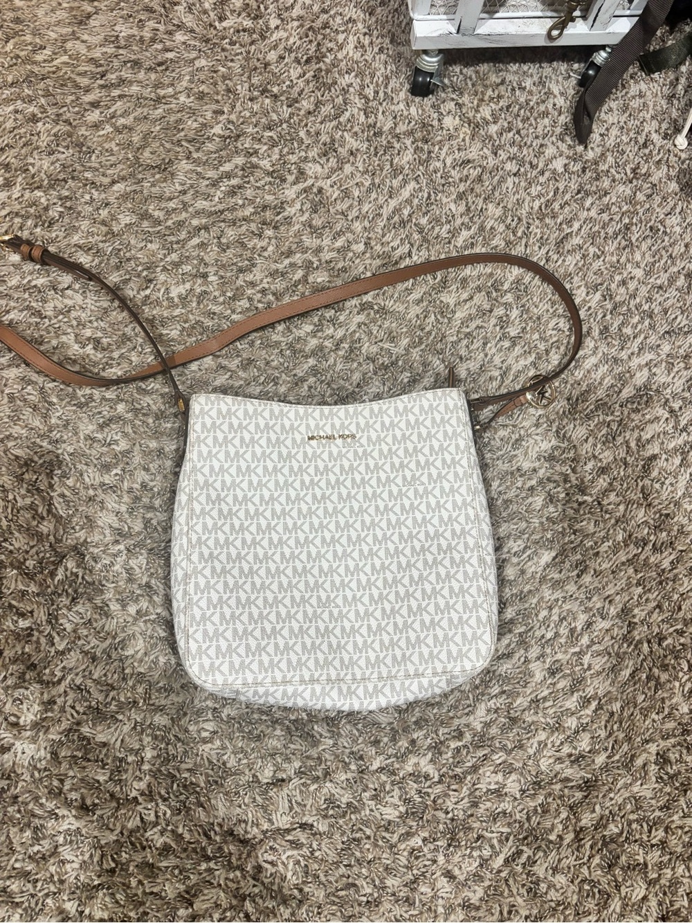 Michael Kors White MK Logo Crossbody with Brown Leather Strap